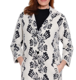 A la Carte A La Carte White/ Black Print Button Up 3/4 Sleeve Sweater Coat