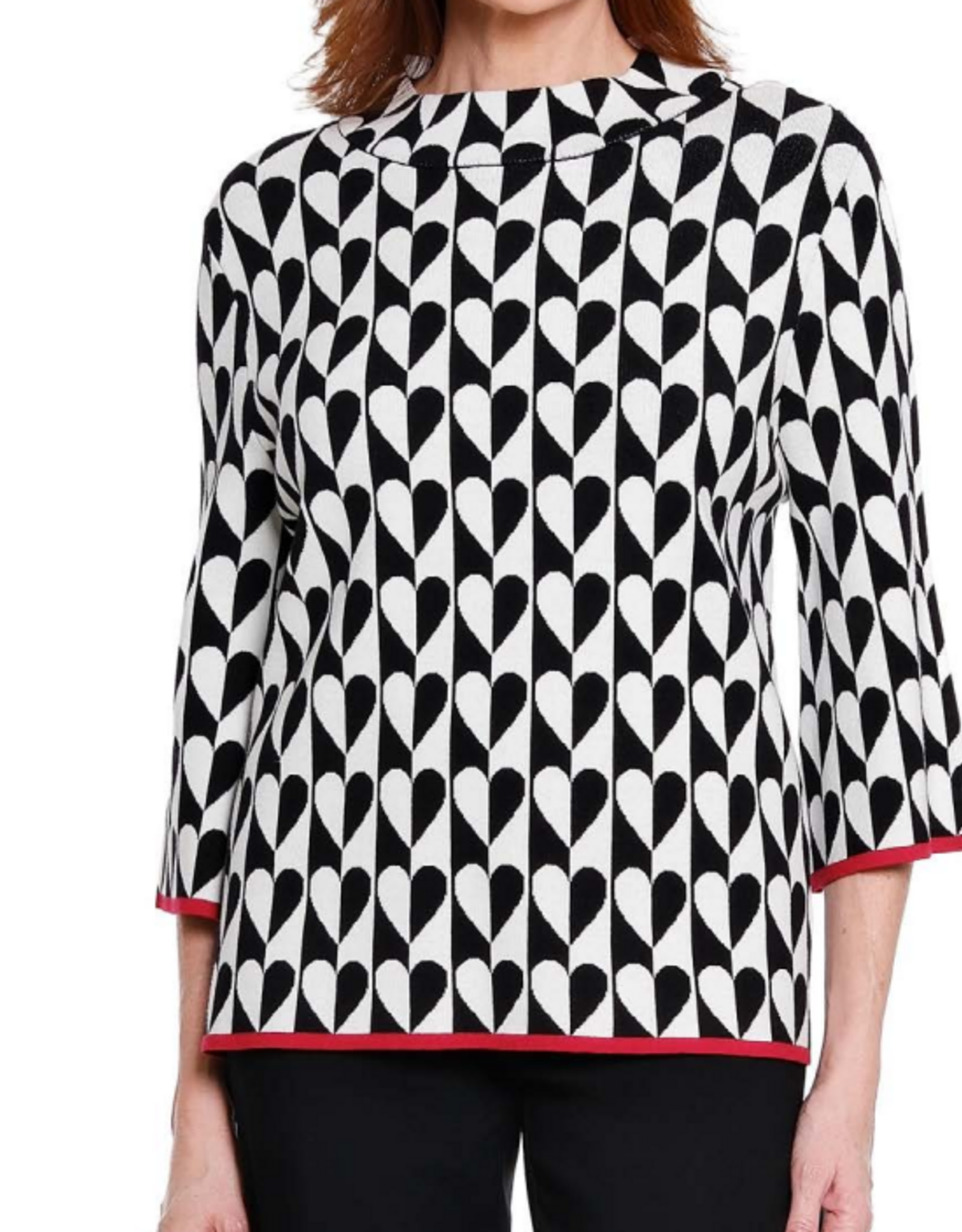 A la Carte A La Carte Black/Ivory Heart Print Mock Neck 3/4 Sleeve Top