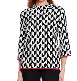 A la Carte A La Carte Black/Ivory Heart Print Mock Neck 3/4 Sleeve Top