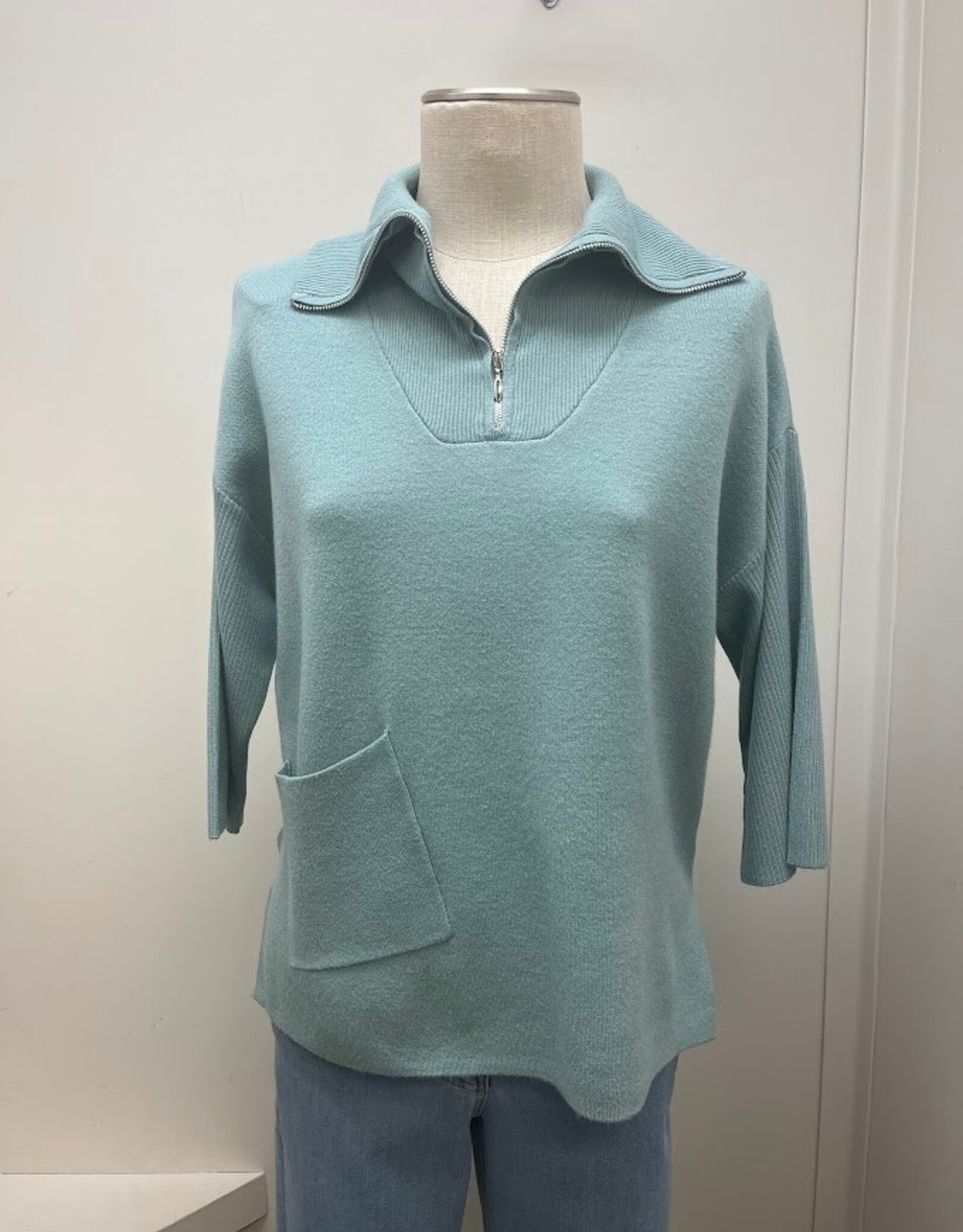 Picadilly Picadilly Pool Tide Shawl Collar  1/2 Zip 3/4 Sleeve Top