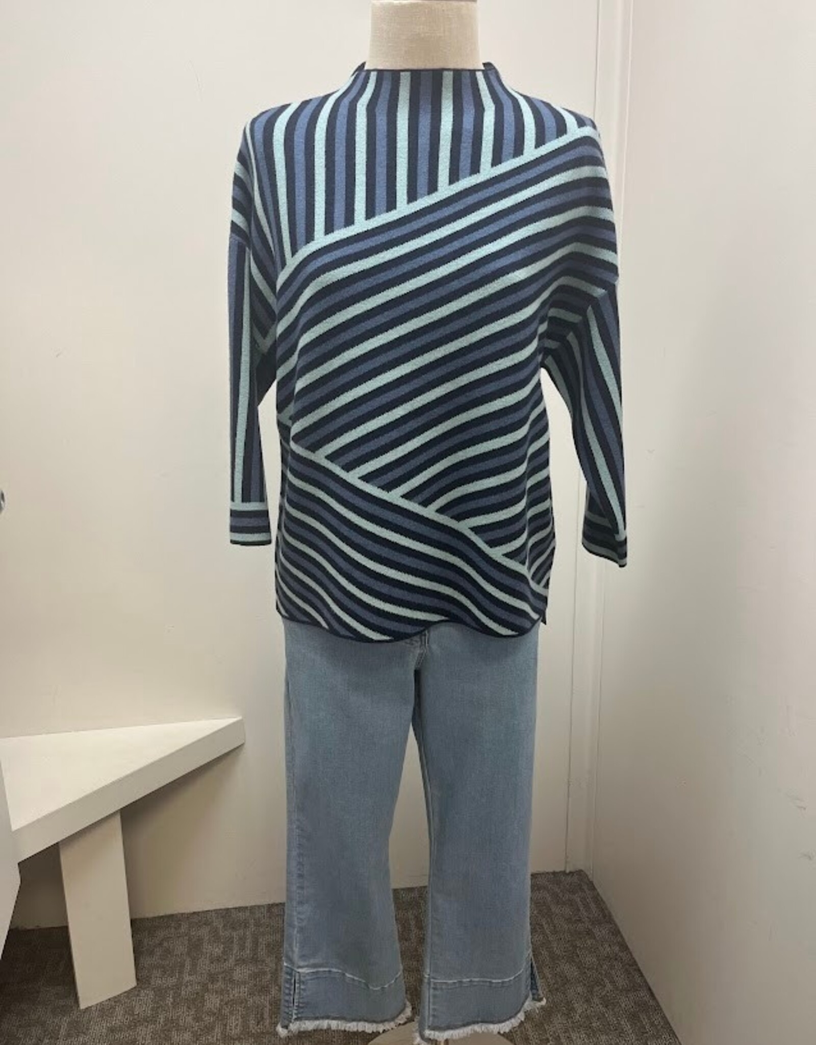 Picadilly Picadilly Vintage Teal Stripe Print Funnel Neck Top