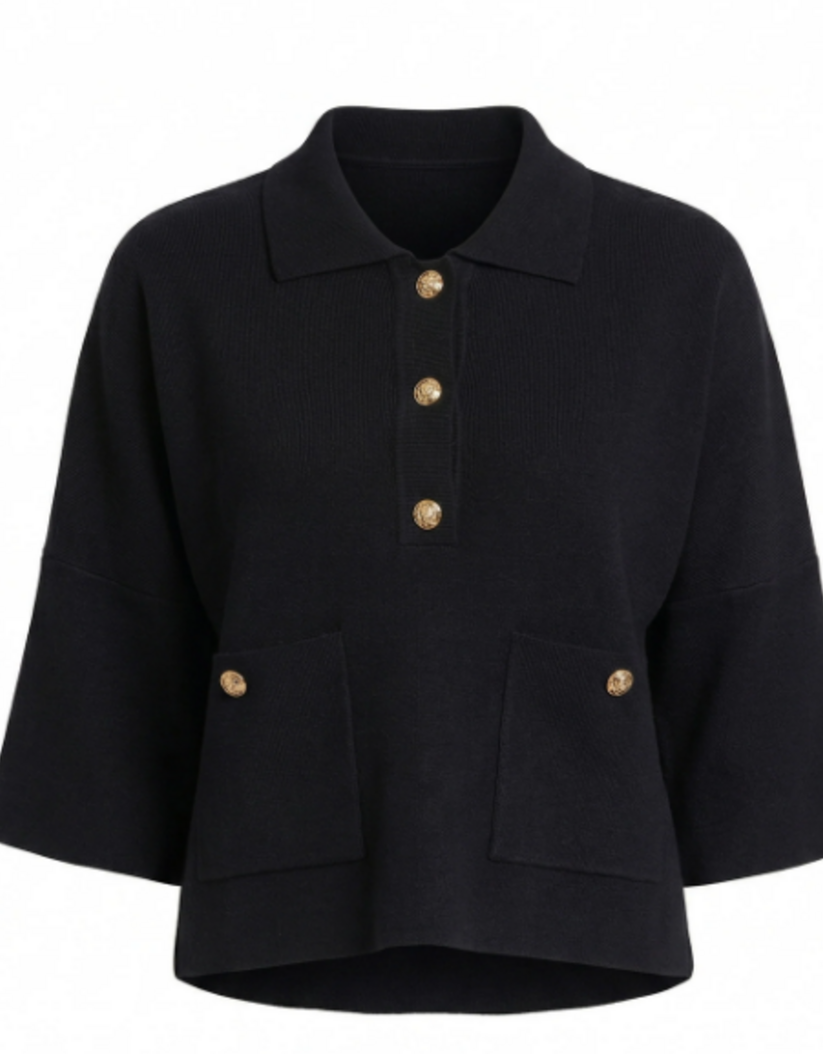 APNY APNY SW207 Black Pocket Polo 3/4 Sleeve Top