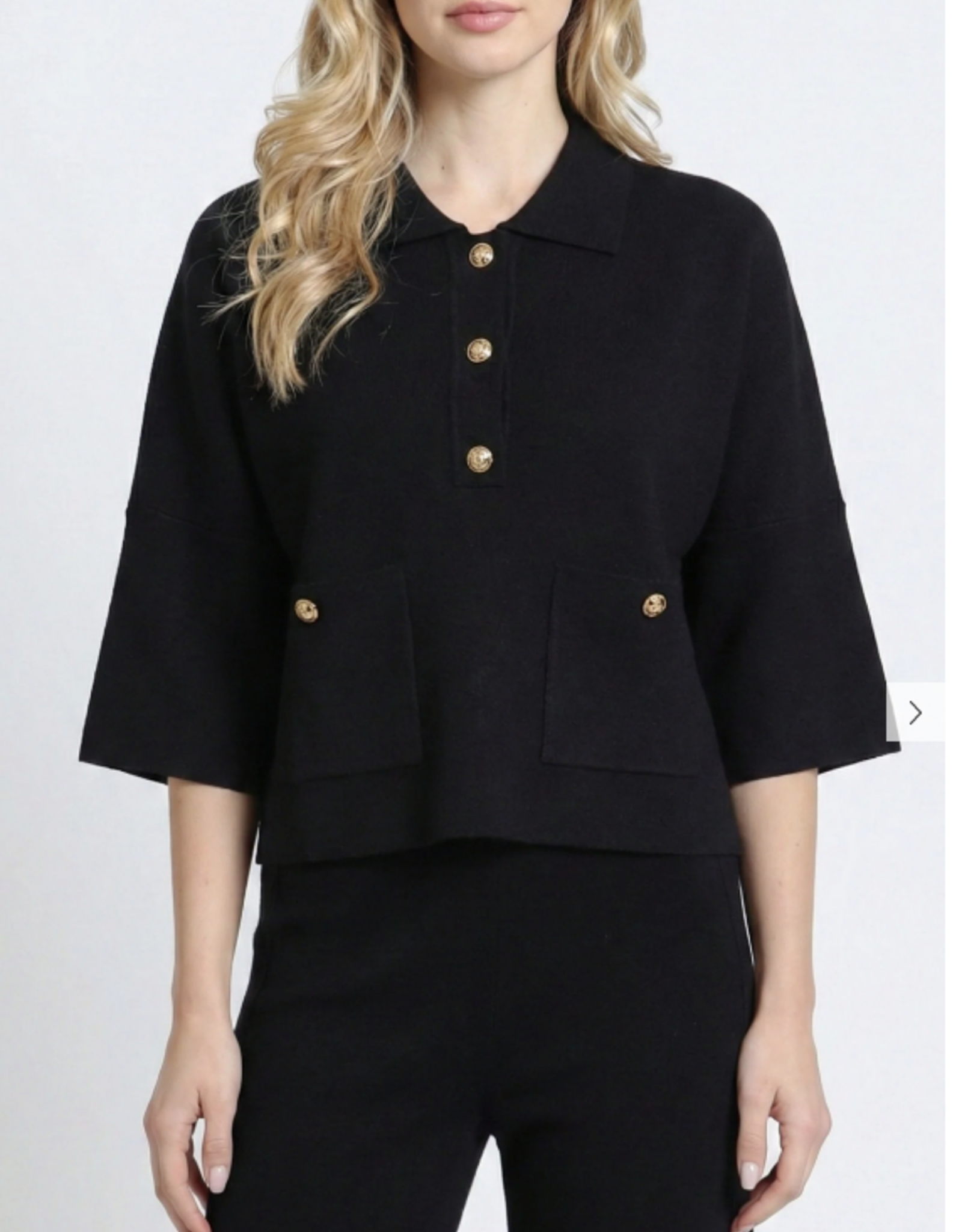 APNY APNY SW207 Black Pocket Polo 3/4 Sleeve Top