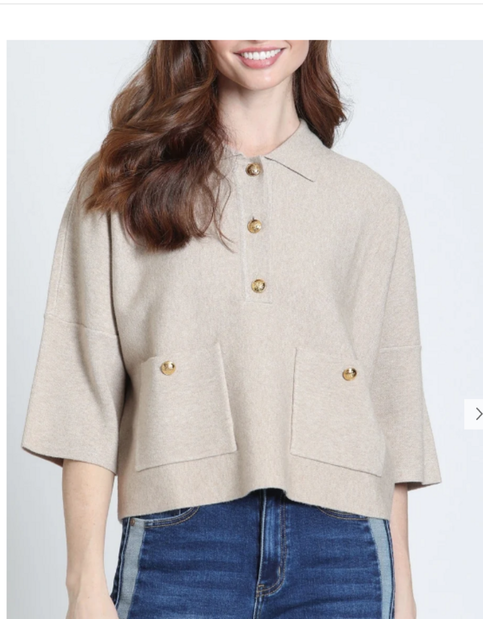 APNY APNY Heather Sand Pocket Polo 3/4 Sleeve Top