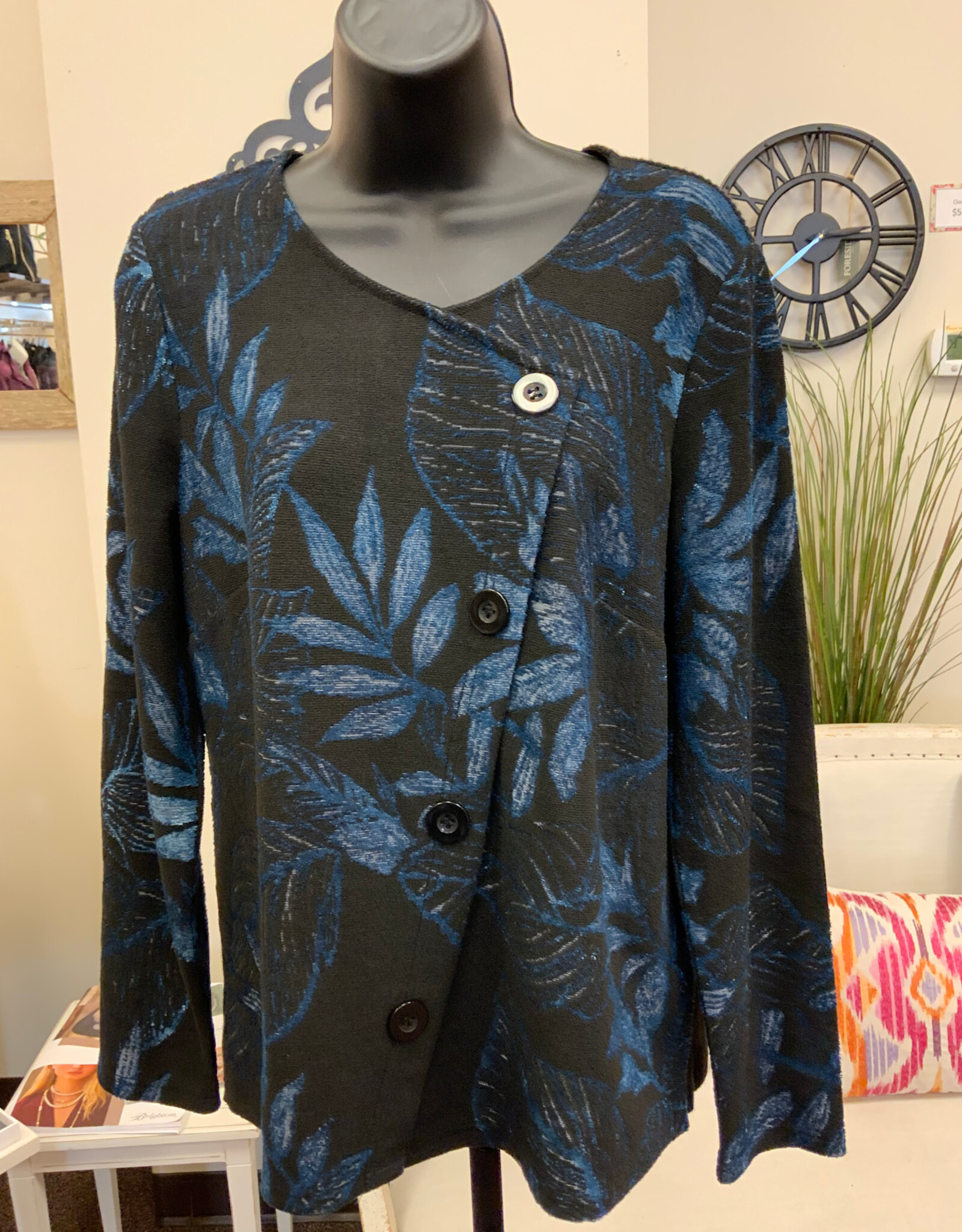 Picadilly Picadilly  Vintage Teal/Black Print Round Neck Long Sleeve Top