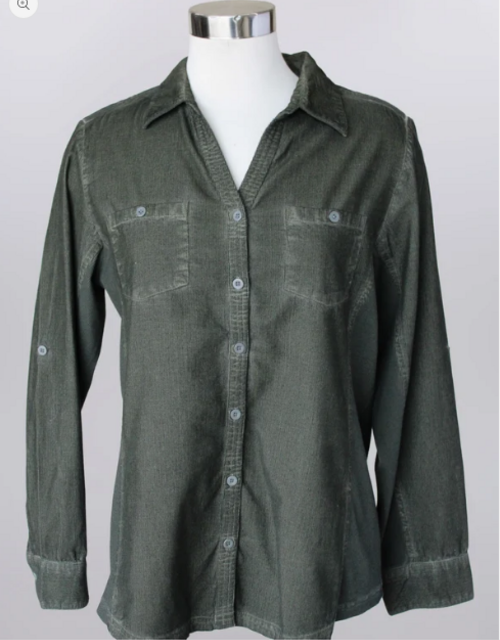 Keren Hart Keren Hart YY73021Olive Corduroy Button Up Roll Tab Sleeve  Top