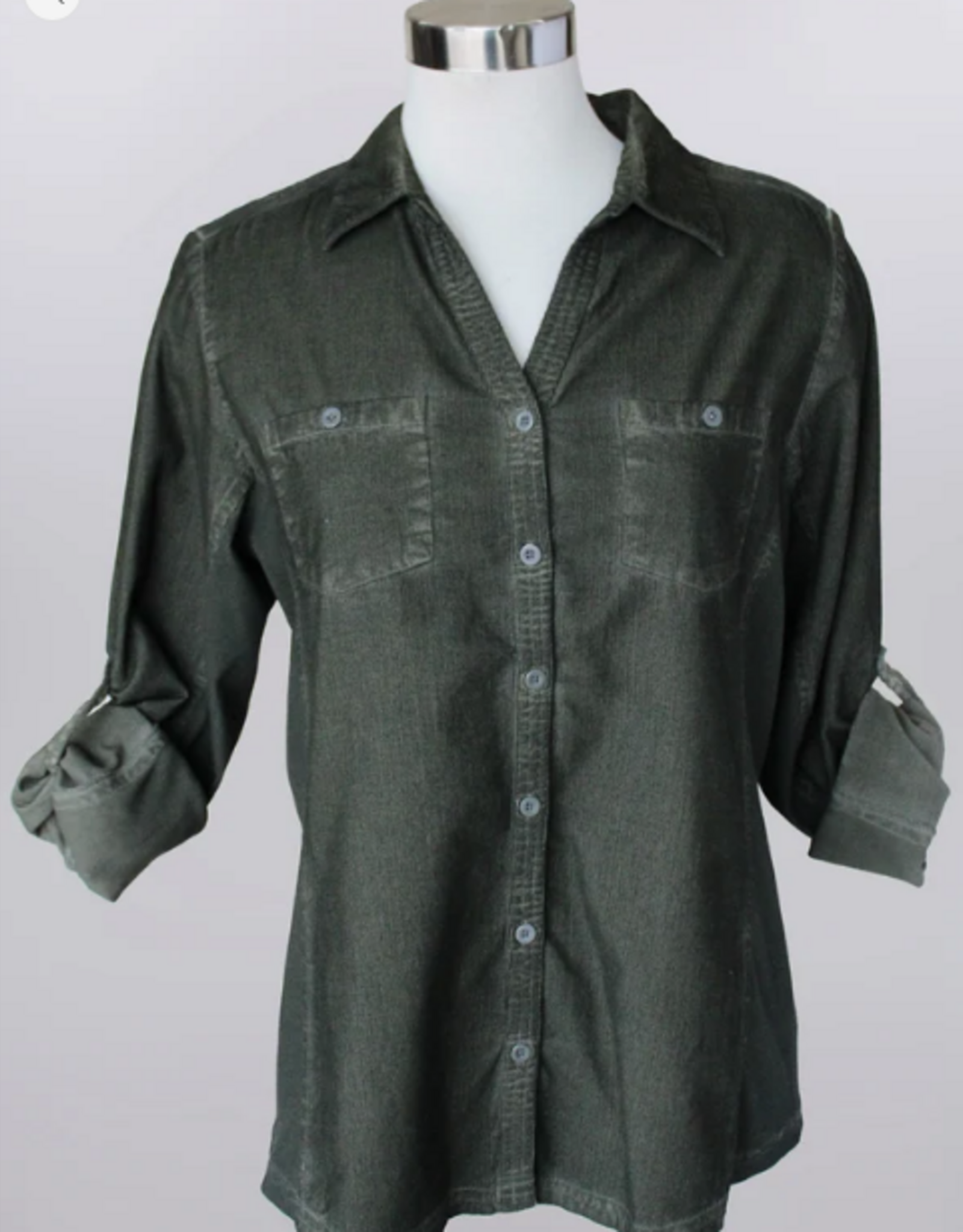 Keren Hart Keren Hart YY73021Olive Corduroy Button Up Roll Tab Sleeve  Top