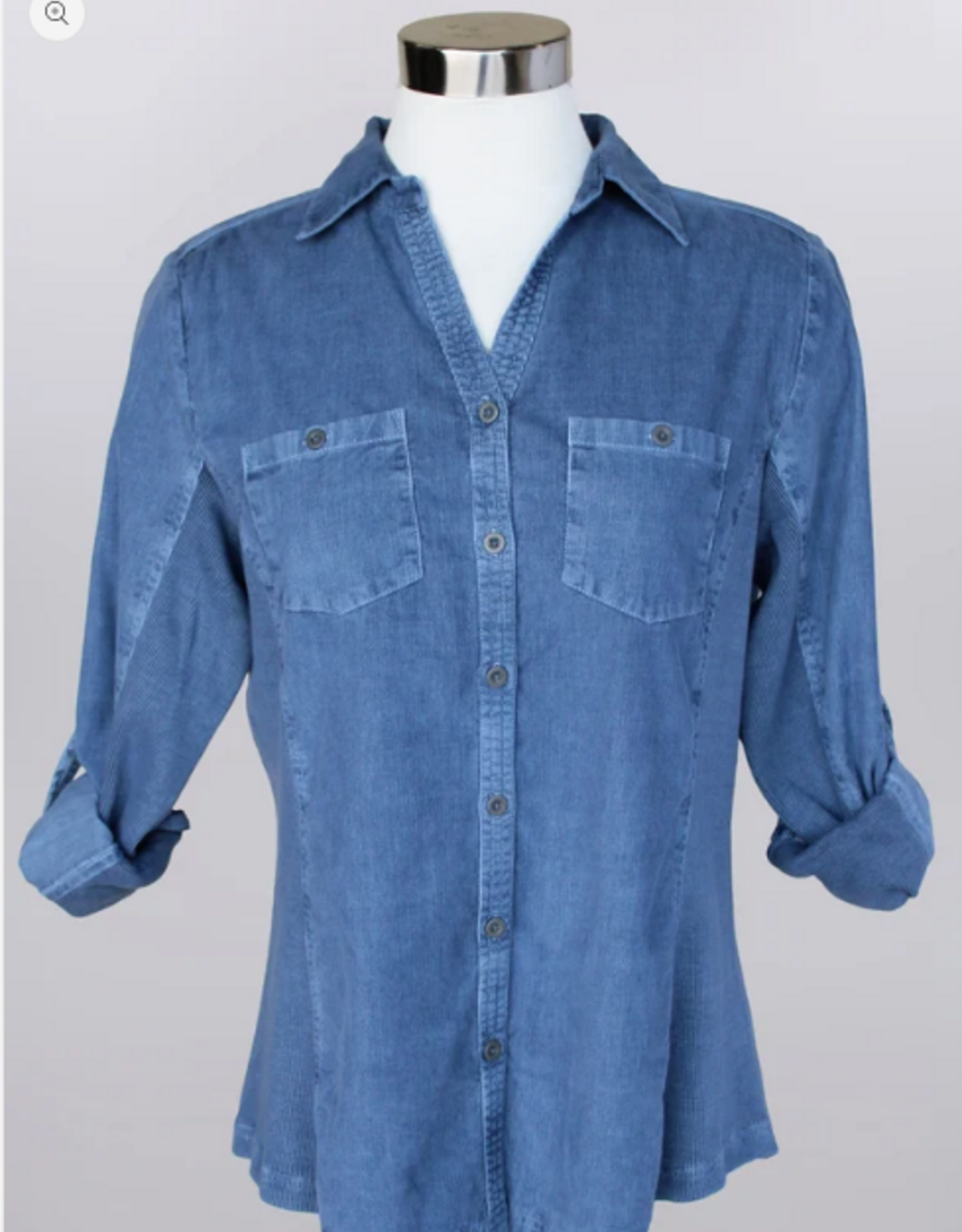 Keren Hart Keren Hart YY73021 Indigo Corduroy Button Up Roll Tab Sleeve  Top