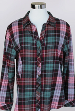 Keren Hart f Keren Hart 73036A Dusty Rose/Teal Combo Plaid Button Up Roll Tab  Sleeve Top