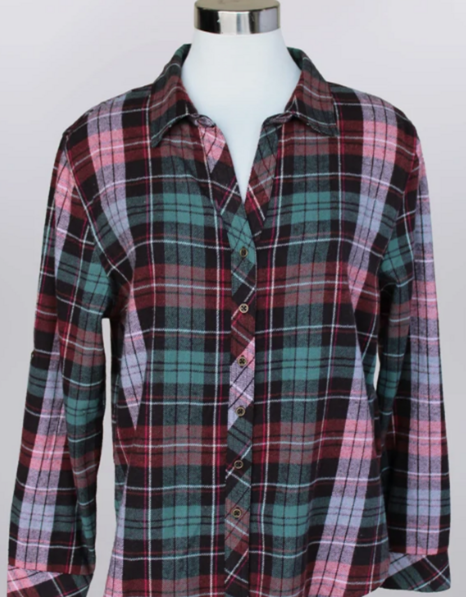 Keren Hart f Keren Hart 73036A Dusty Rose/Teal Combo Plaid Button Up Roll Tab  Sleeve Top