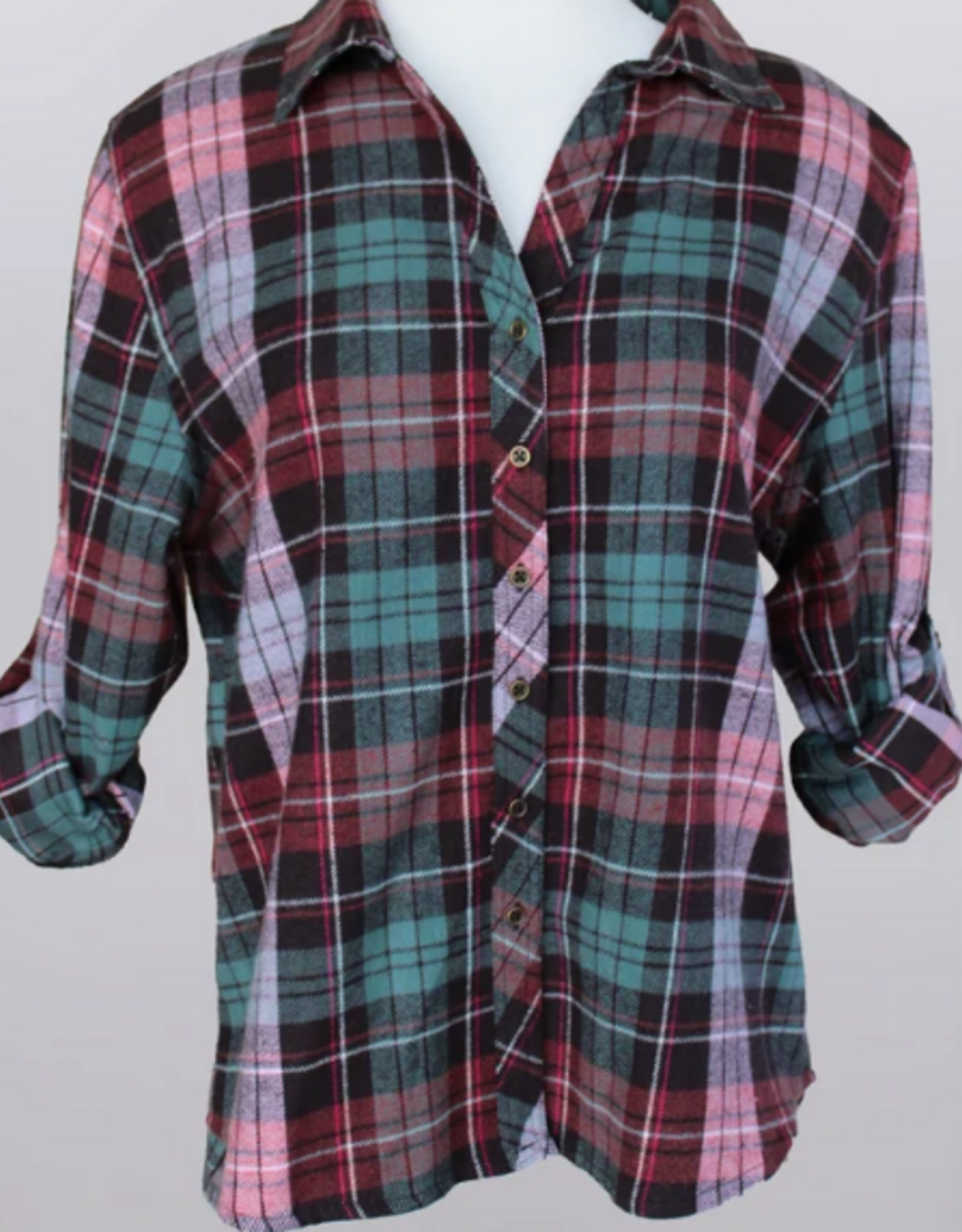 Keren Hart f Keren Hart 73036A Dusty Rose/Teal Combo Plaid Button Up Roll Tab  Sleeve Top