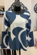 Picadilly Picadilly  Vintage Blue Multi Print Round Neck Long Sleeve Sweater