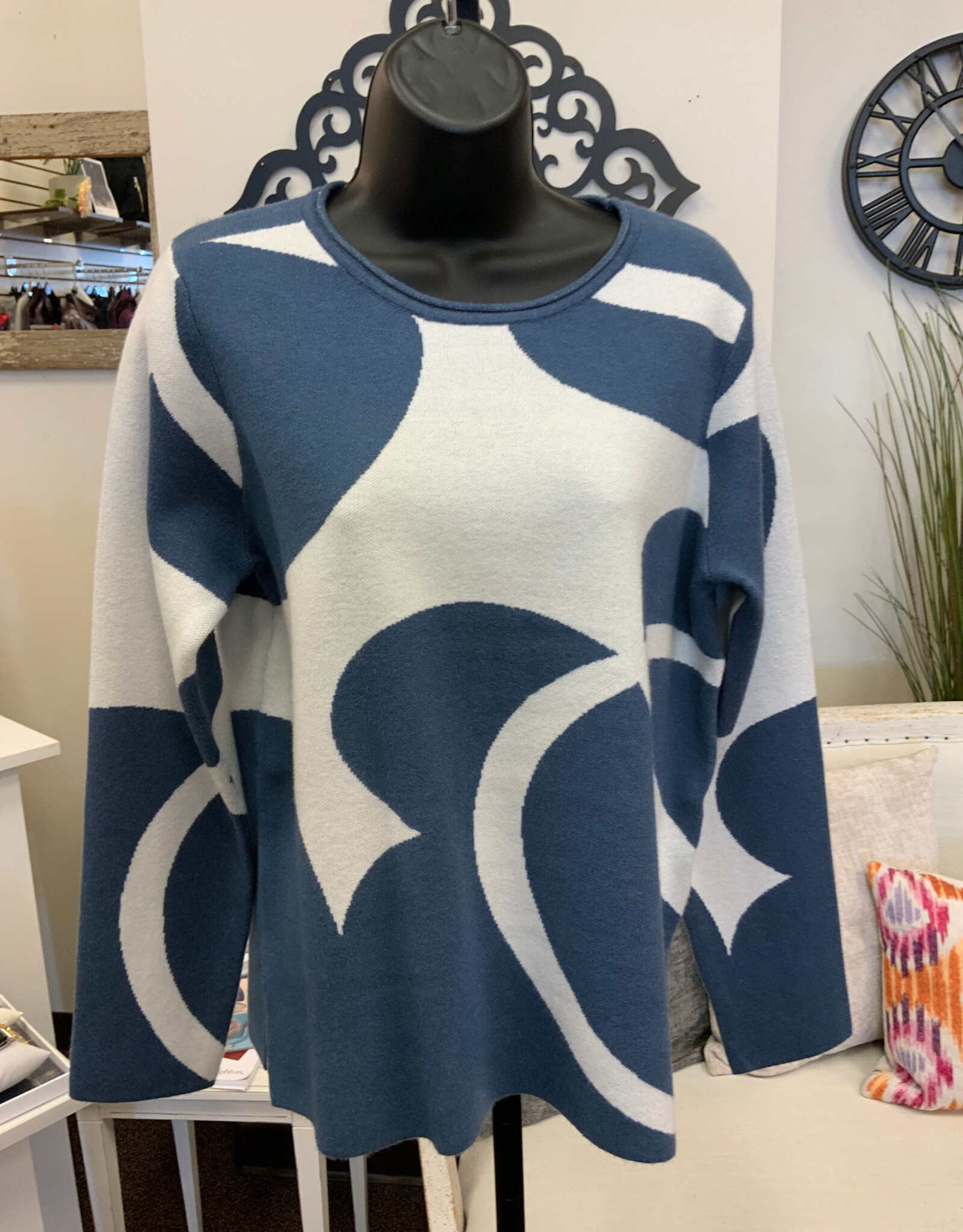 Picadilly Picadilly  Vintage Blue Multi Print Round Neck Long Sleeve Sweater