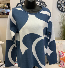 Picadilly Picadilly  Vintage Blue Multi Print Long Sleeve Sweater Round Neck L