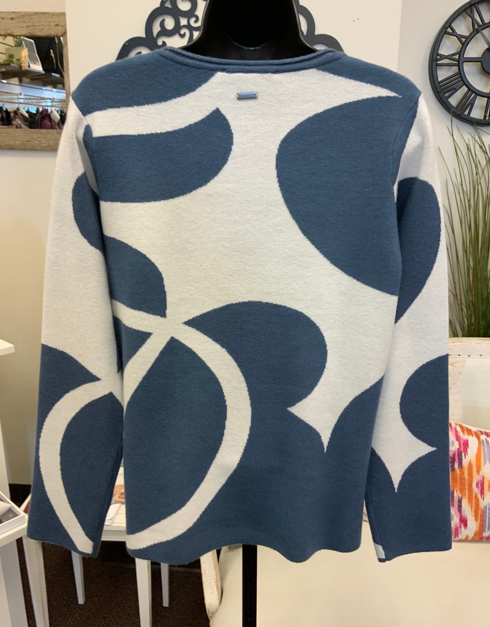 Picadilly Picadilly  Vintage Blue Multi Print Round Neck Long Sleeve Sweater