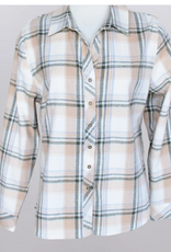 Keren Hart Keren Hart Taupe Olive Green  Plaid Button Up Roll Tab  Sleeve Top