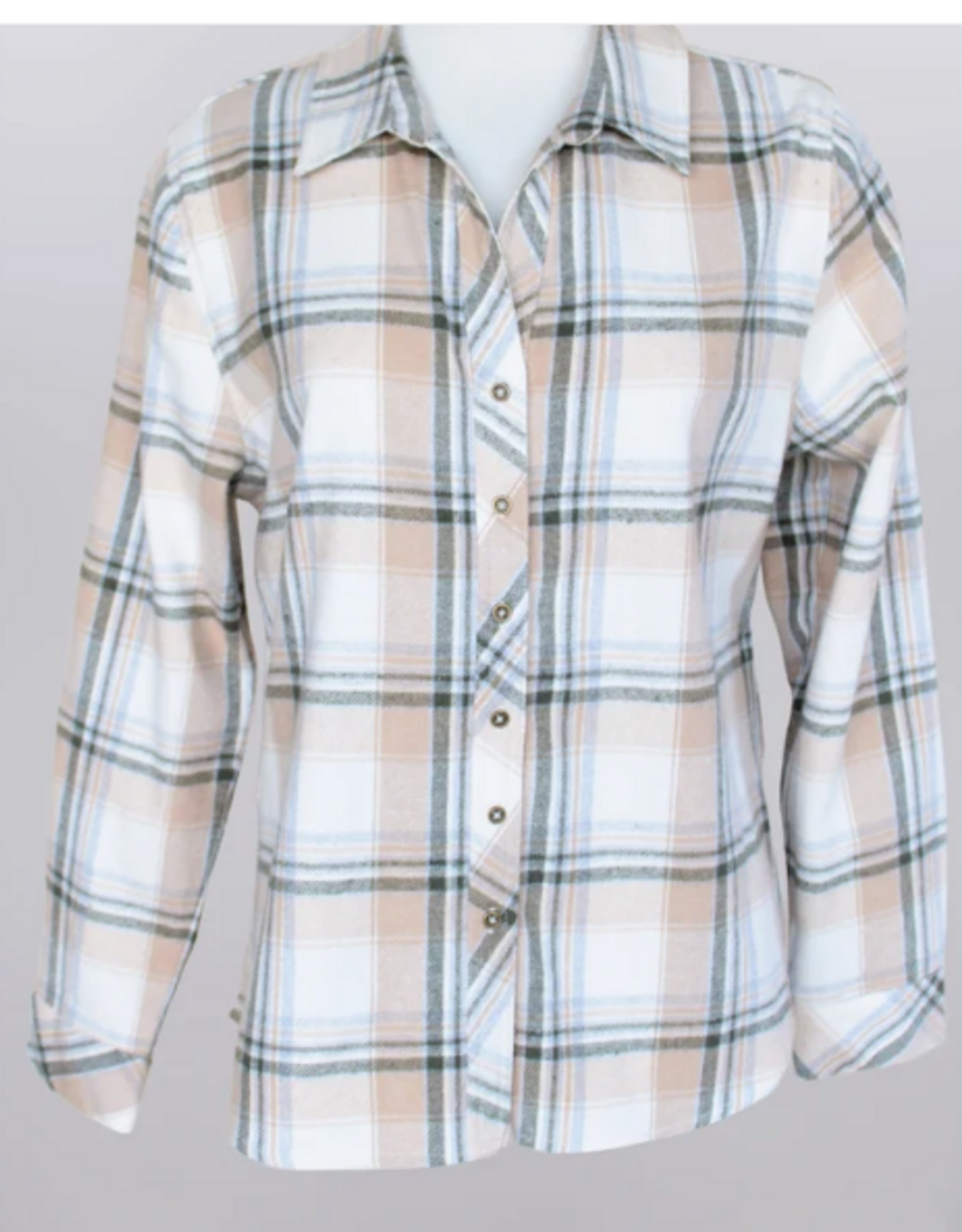 Keren Hart Keren Hart Taupe Olive Green  Plaid Button Up Roll Tab  Sleeve Top