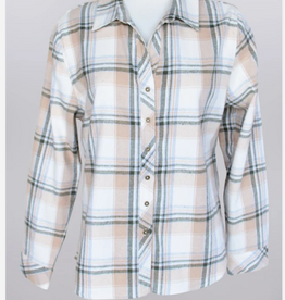 Keren Hart Keren Hart 73036C Taupe Olive Green  Plaid Button Up Roll Tab  Sleeve Top