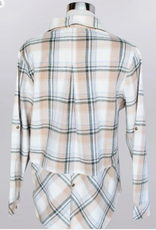 Keren Hart Keren Hart Taupe Olive Green  Plaid Button Up Roll Tab  Sleeve Top
