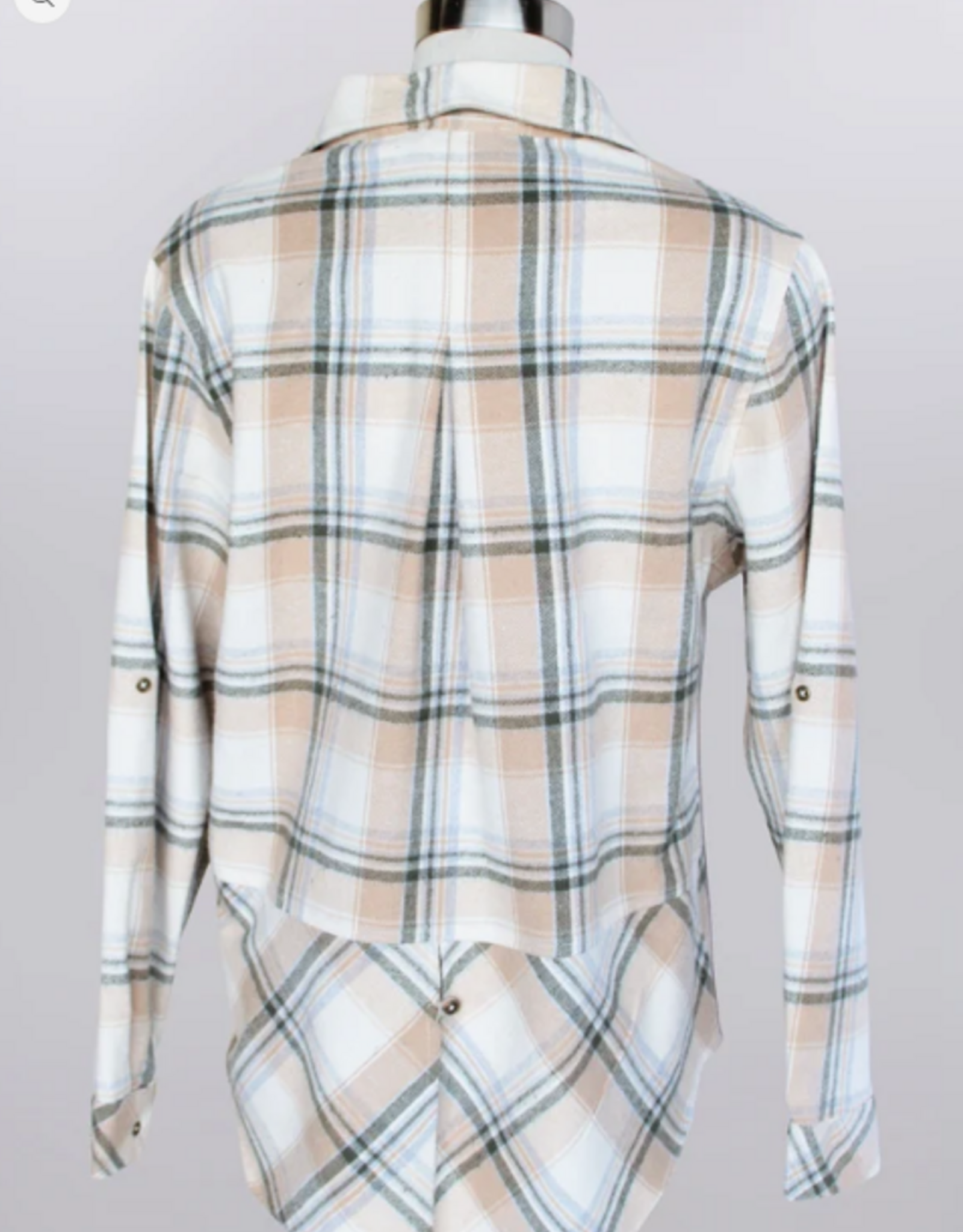 Keren Hart Keren Hart Taupe Olive Green  Plaid Button Up Roll Tab  Sleeve Top