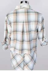 Keren Hart Keren Hart Taupe Olive Green  Plaid Button Up Roll Tab  Sleeve Top