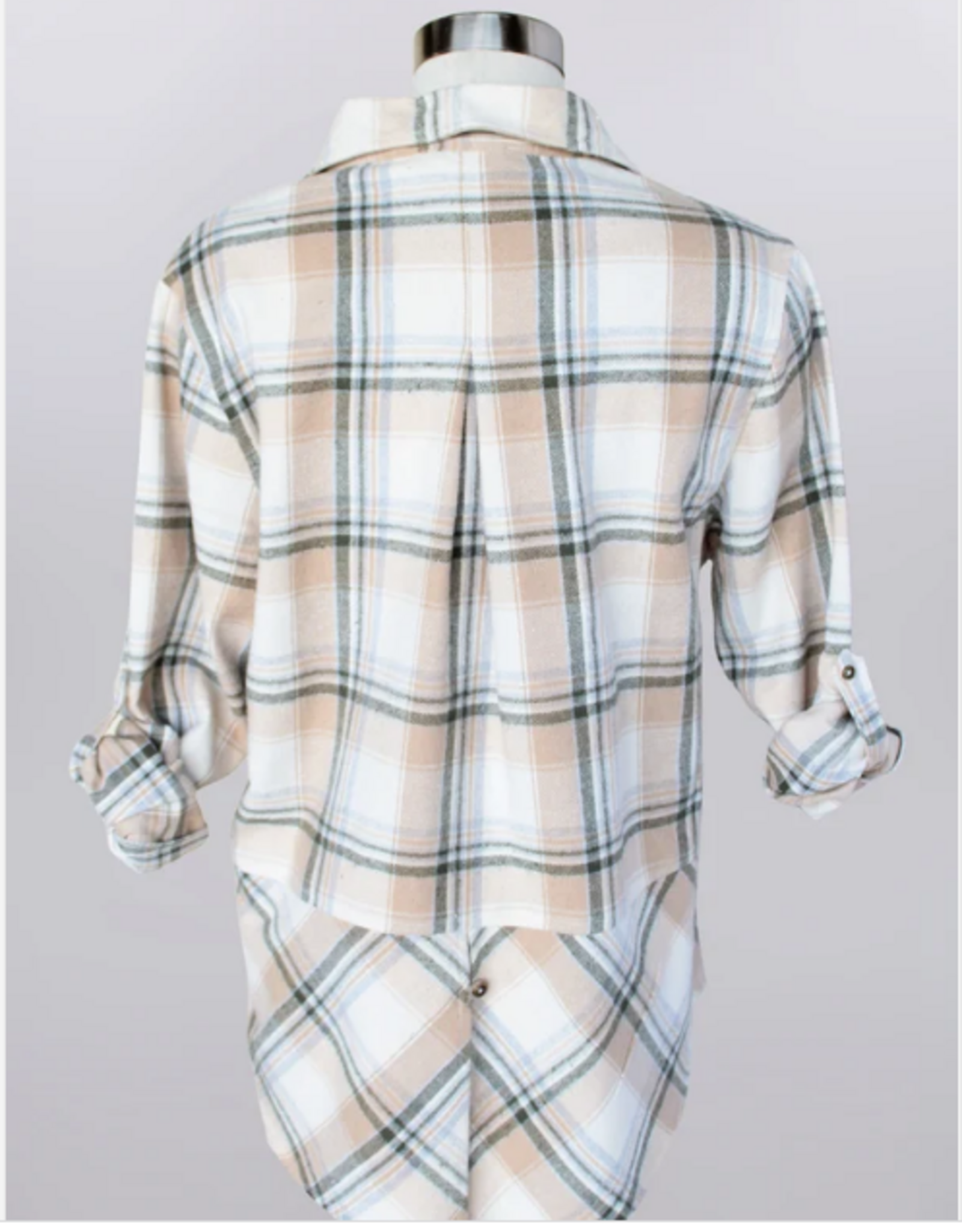 Keren Hart Keren Hart Taupe Olive Green  Plaid Button Up Roll Tab  Sleeve Top