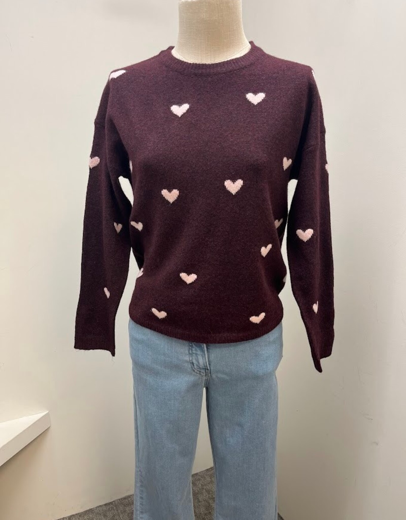 Sunday Sunday Prune Heart Print Round Neck Long Sleeve Sweater