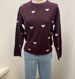 Sunday Sunday Prune Heart Print Round Neck Long Sleeve Sweater