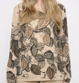 Picadilly Picadilly Almond Cream Leaf Print Round Neck Long Sleeve Top