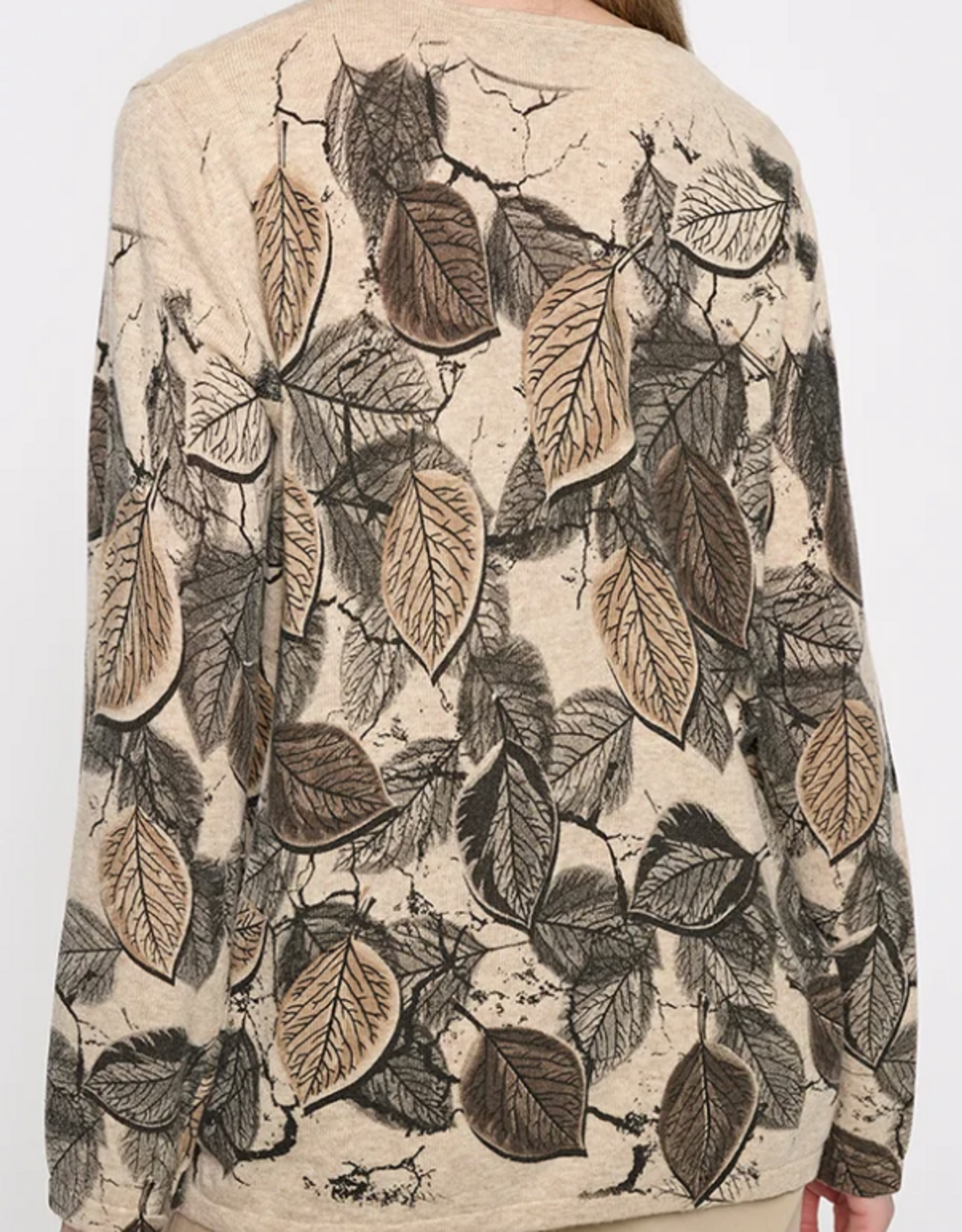 Picadilly Picadilly Almond Cream Leaf Print Round Neck Long Sleeve Top