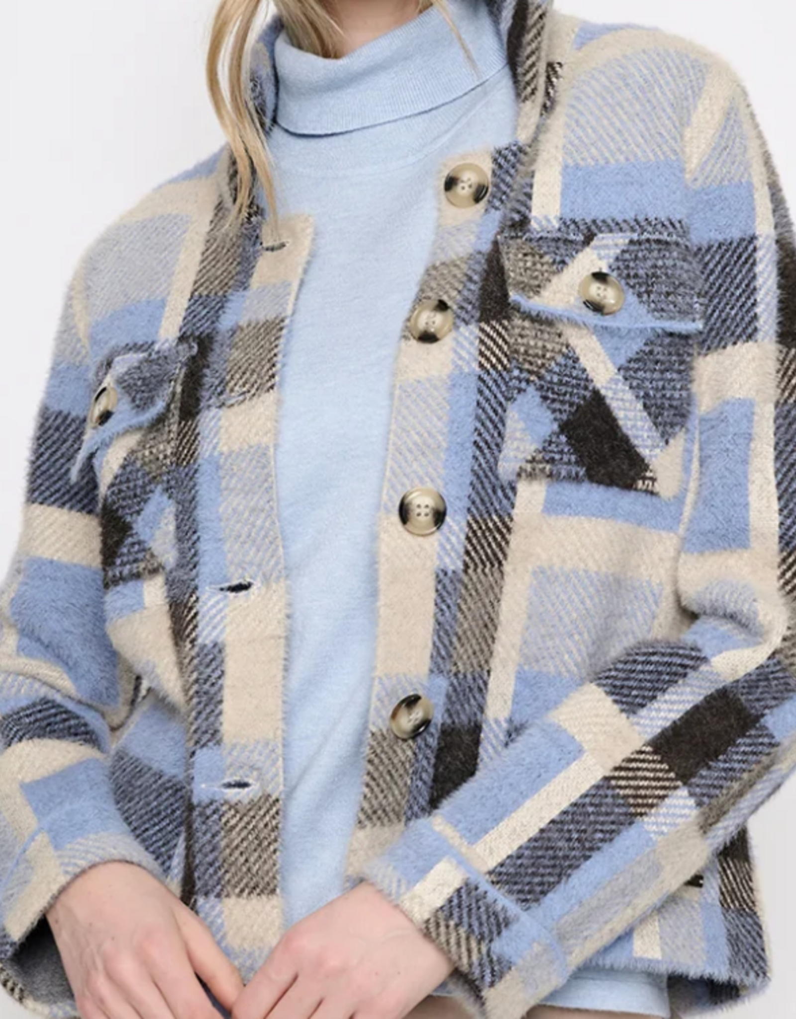 Picadilly Picadilly Button Front Blue/Cream  Plaid Short Jacket