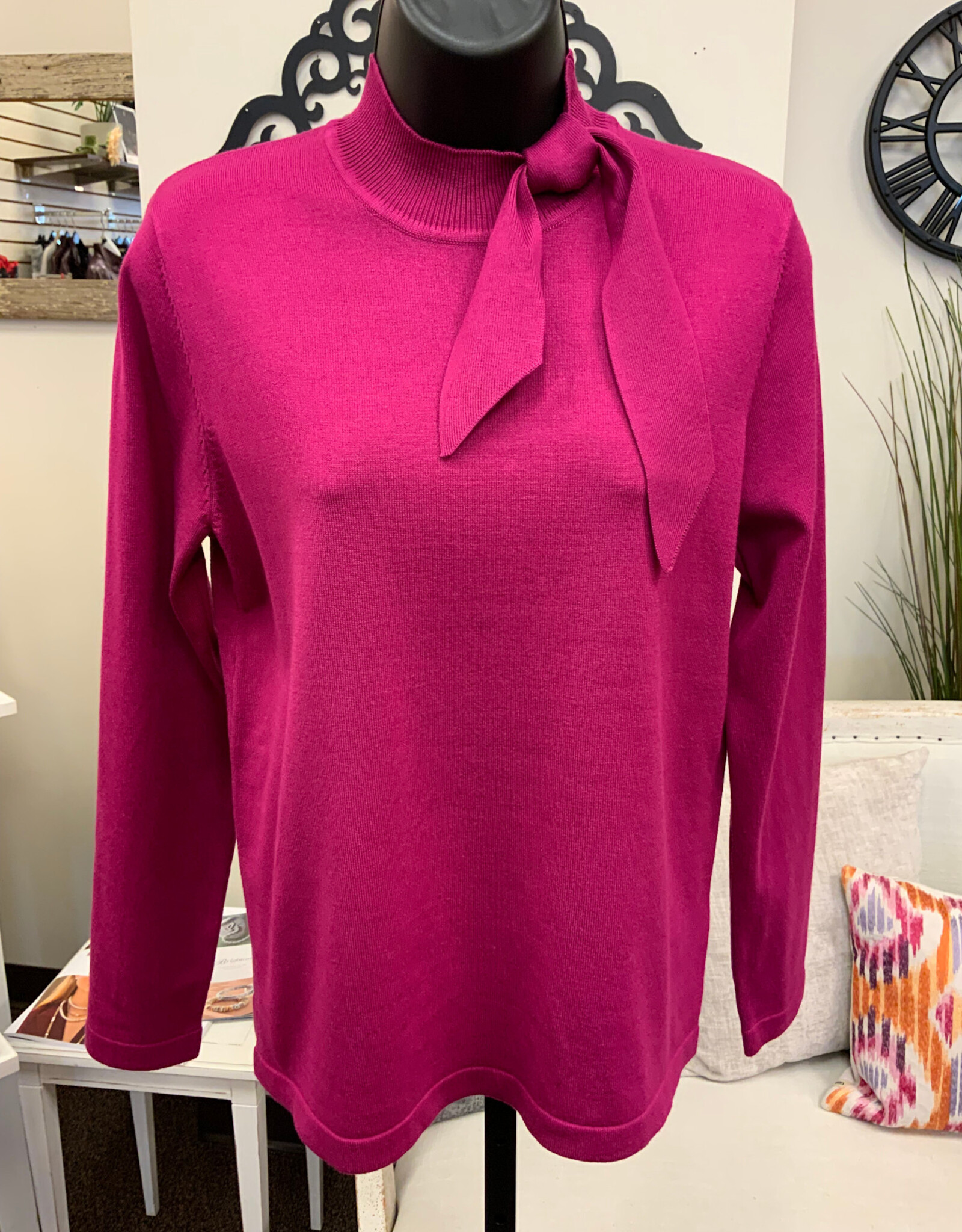 Sunday Sunday  Fuchsia  Mock Neck Side Tie Detail Long Sleeve Sweater