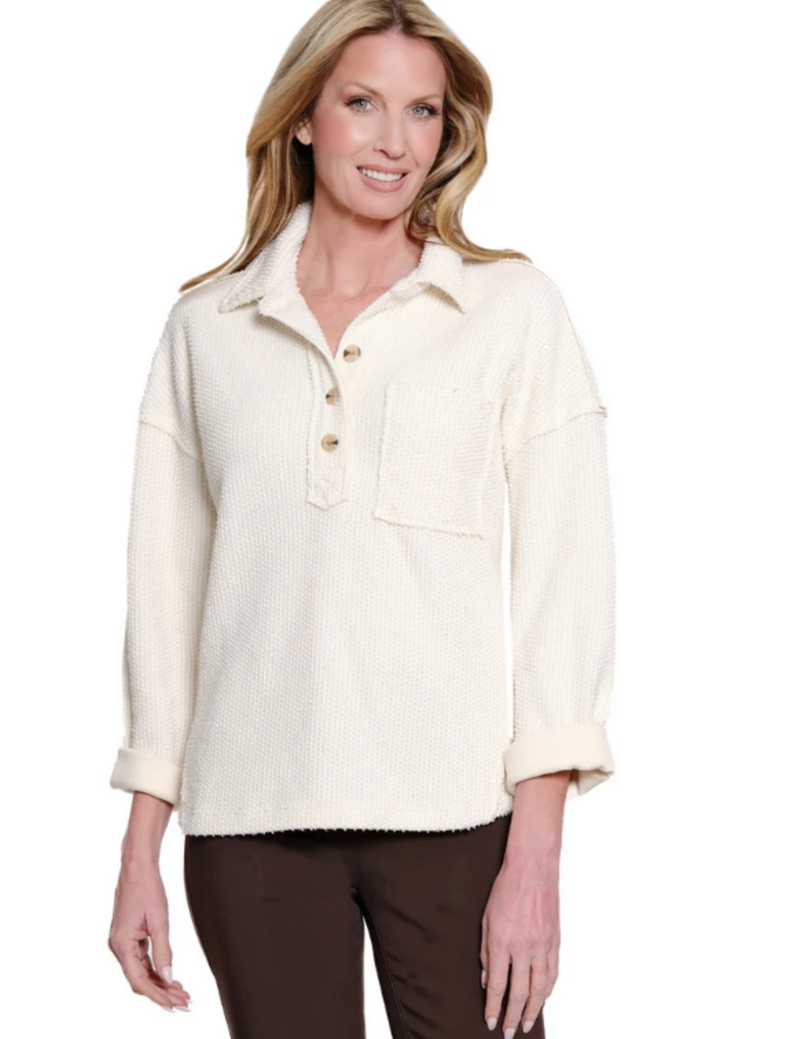 Multiples Multiples Winter White  V-Neck 3 Button Placket 3/4 Sleeve Top