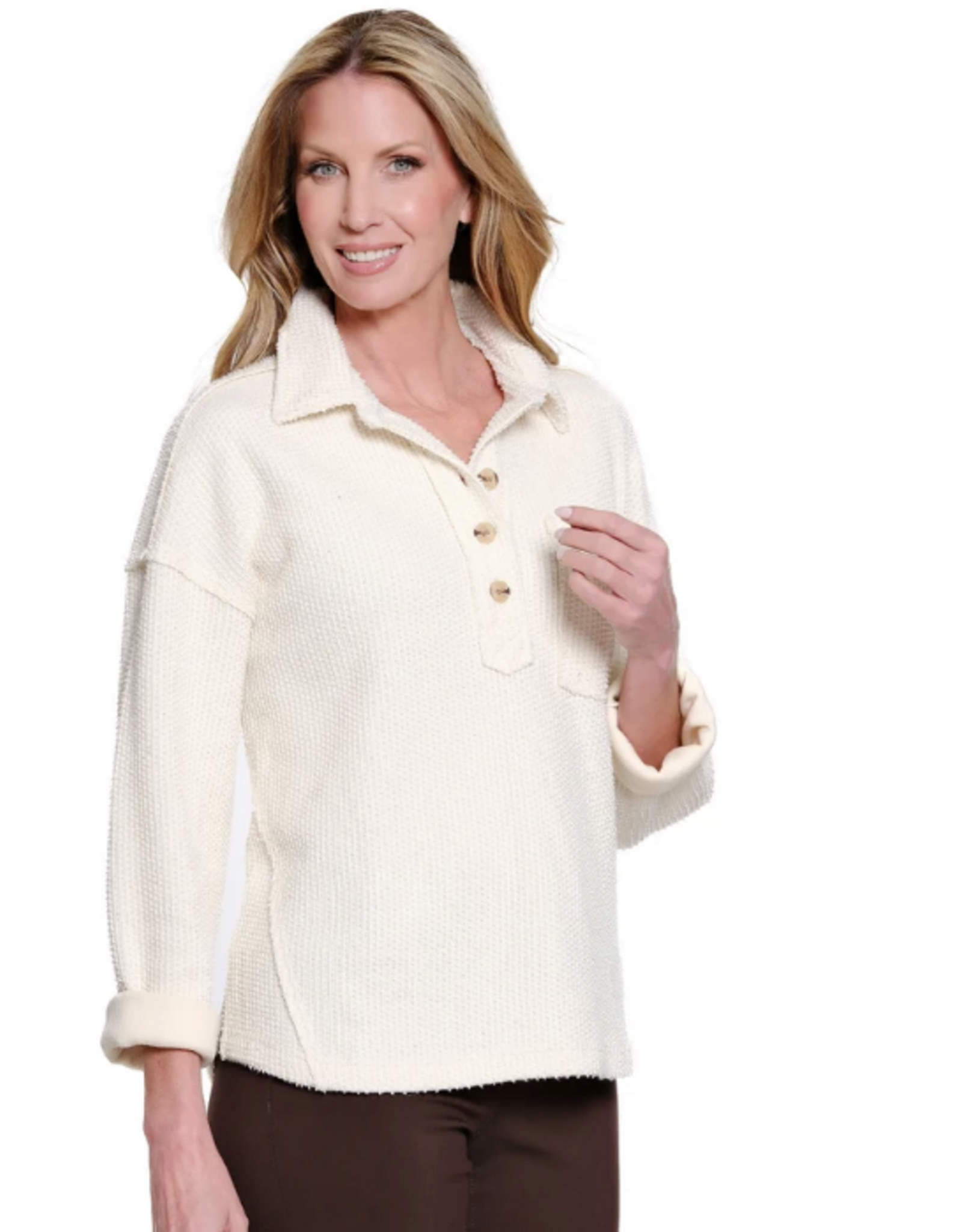 Multiples Multiples Winter White  V-Neck 3 Button Placket 3/4 Sleeve Top