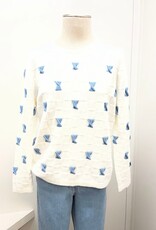 Picadilly Picadilly YE193  Off White Blue Twisted Bow Embellishment Round Neck Long Sleeve Top
