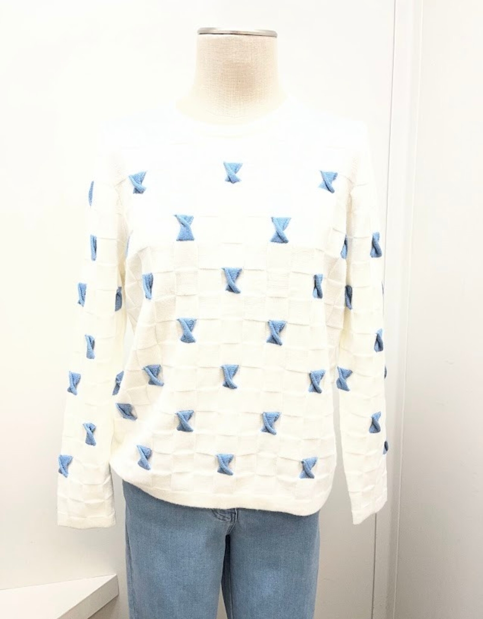 Picadilly Picadilly YE193  Off White Blue Twisted Bow Embellishment Round Neck Long Sleeve Top