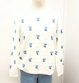 Picadilly Picadilly  Off White Blue Twisted Bow Embellishment Round Neck Long Sleeve Top