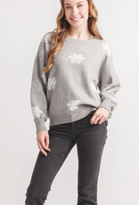 Papillon Papillon  Grey Rhinestone Snowflake  Round Neck Long Sleeve Sweater
