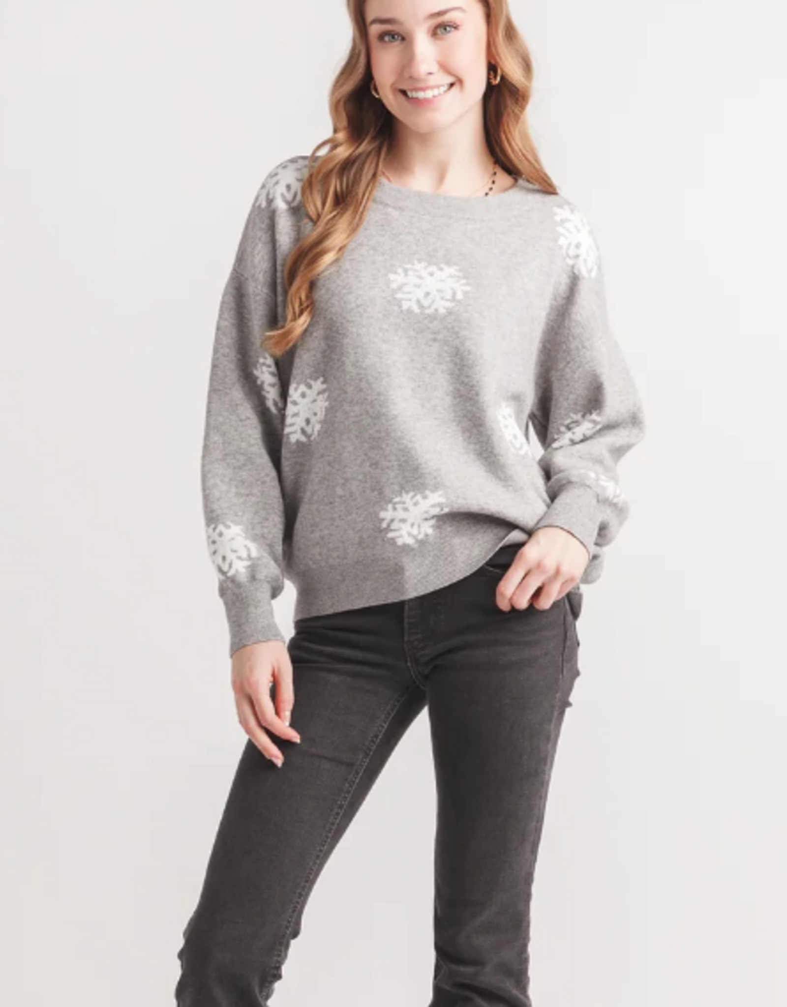 Papillon Papillon  Grey Rhinestone Snowflake  Round Neck Long Sleeve Sweater