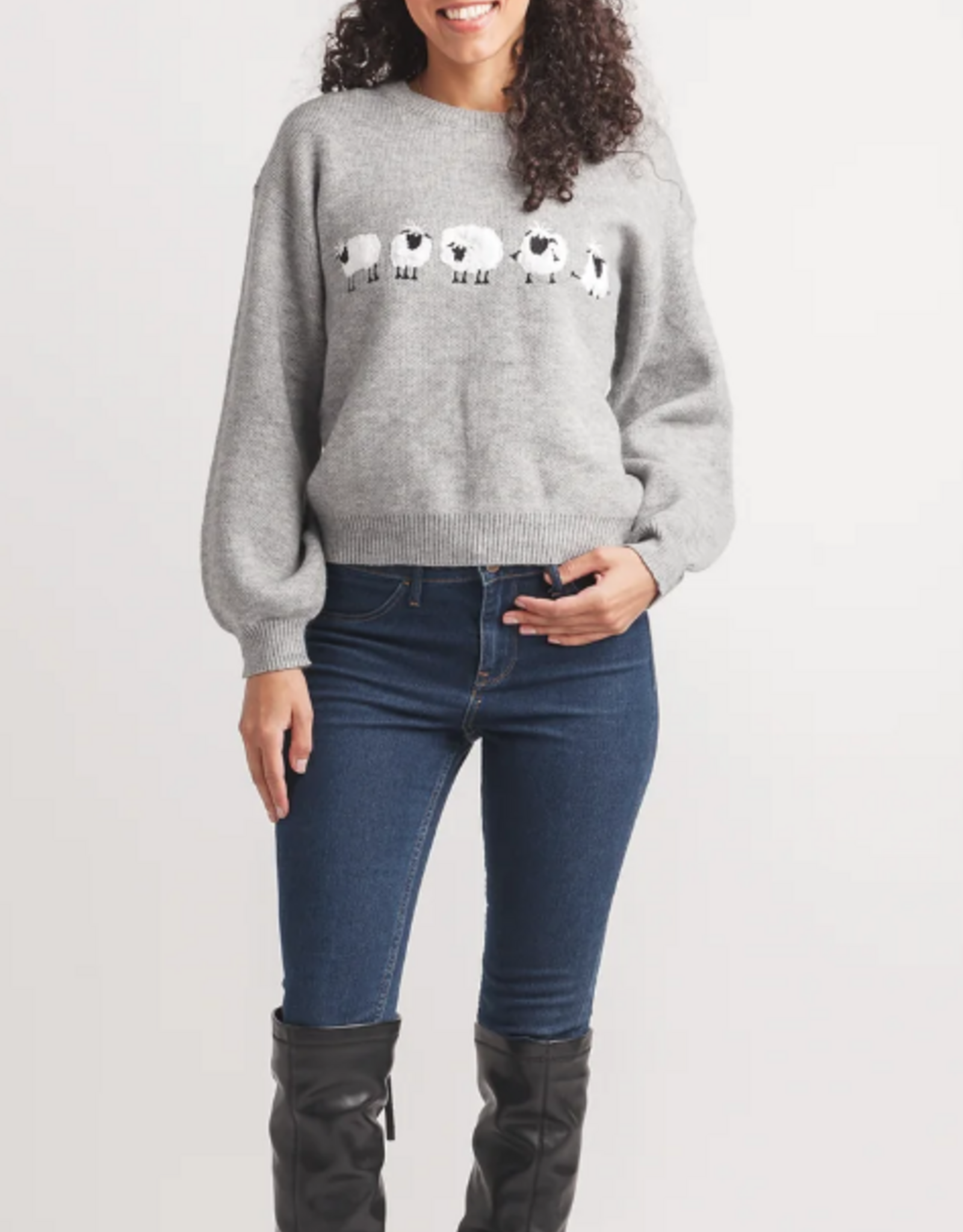 Papillon Papillon  Grey 3D Sheep Round Neck Long Sleeve Sweater
