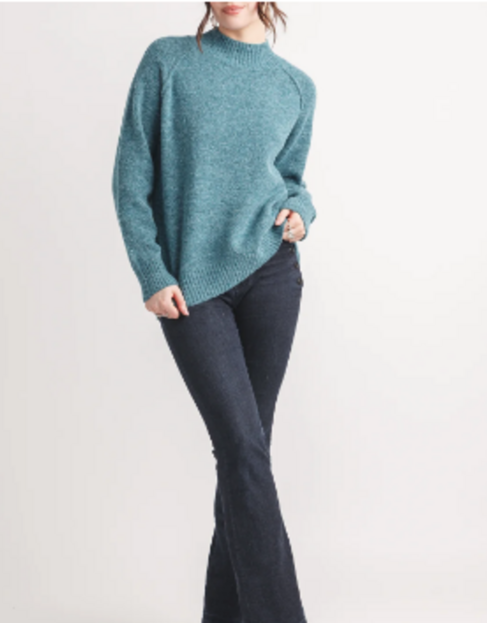 Papillon Papillon Teal Heathered Mock Neck Step Hem Long Sleeve Sweater