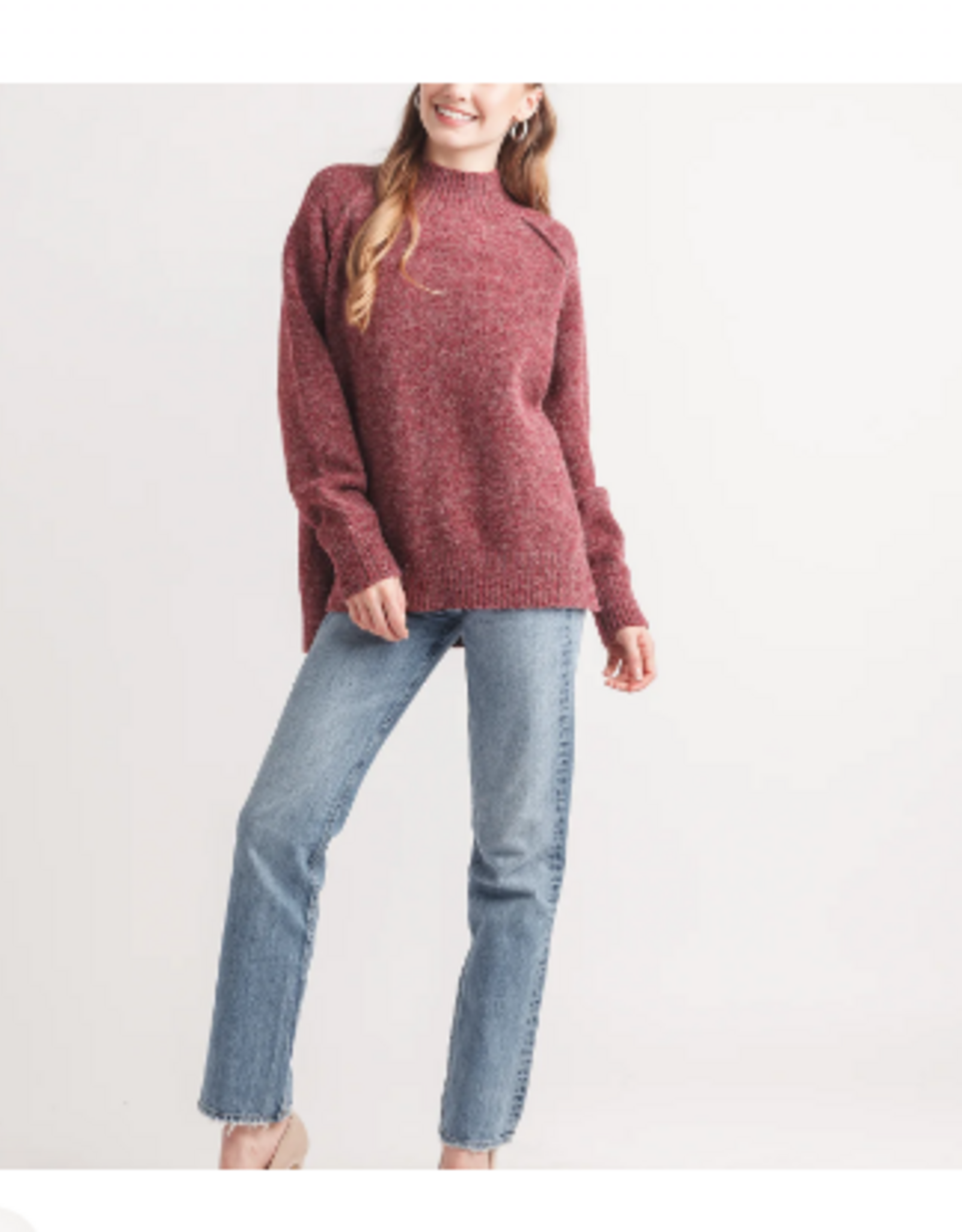 Papillon Papillon Burgundy Heathered Mock Neck Step Hem Long Sleeve Sweater