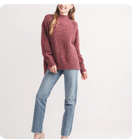 Papillon Papillon Burgundy Heathered Mock Neck Step Hem Long Sleeve Sweater