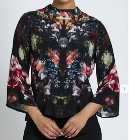 APNY APNY Onyx Jewel Print Banded Collar Belle Sleeve Blouse
