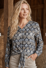 APNY APNY B-54P/C-968D/NC Sage & Pewter Print V-Neck Tie Front Top
