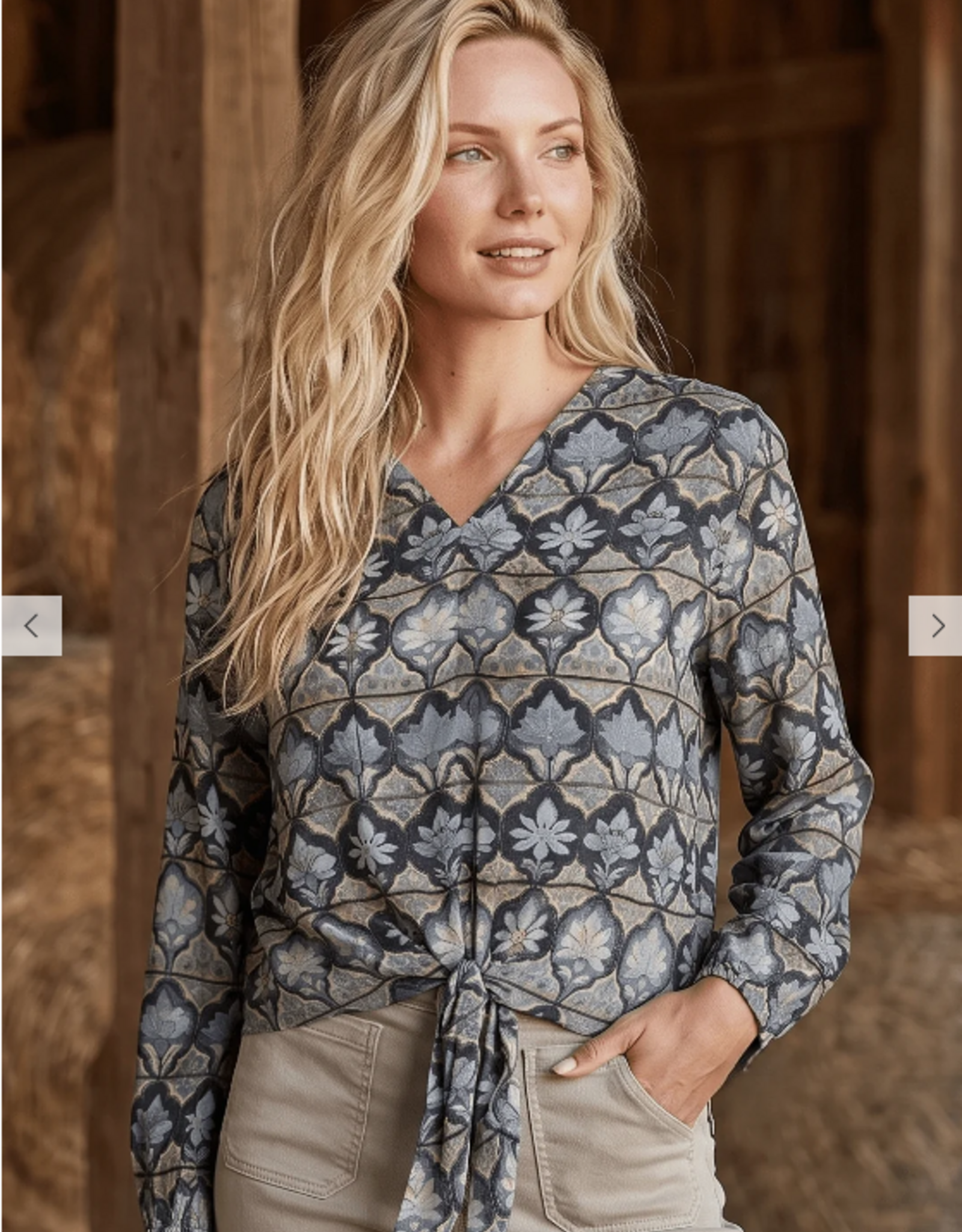 APNY APNY B-54P/C-968D/NC Sage & Pewter Print V-Neck Tie Front Top