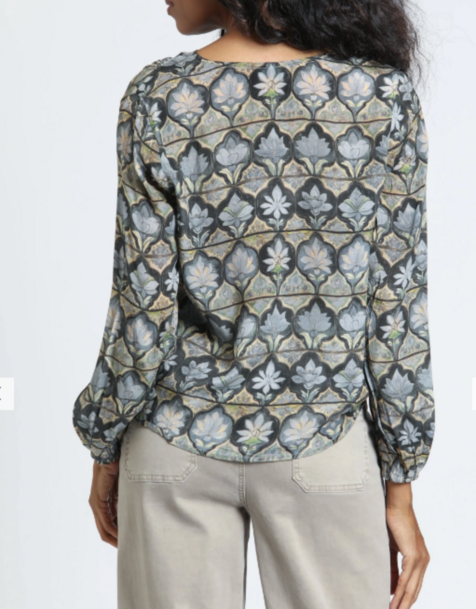 APNY APNY B-54P/C-968D/NC Sage & Pewter Print V-Neck Tie Front Top