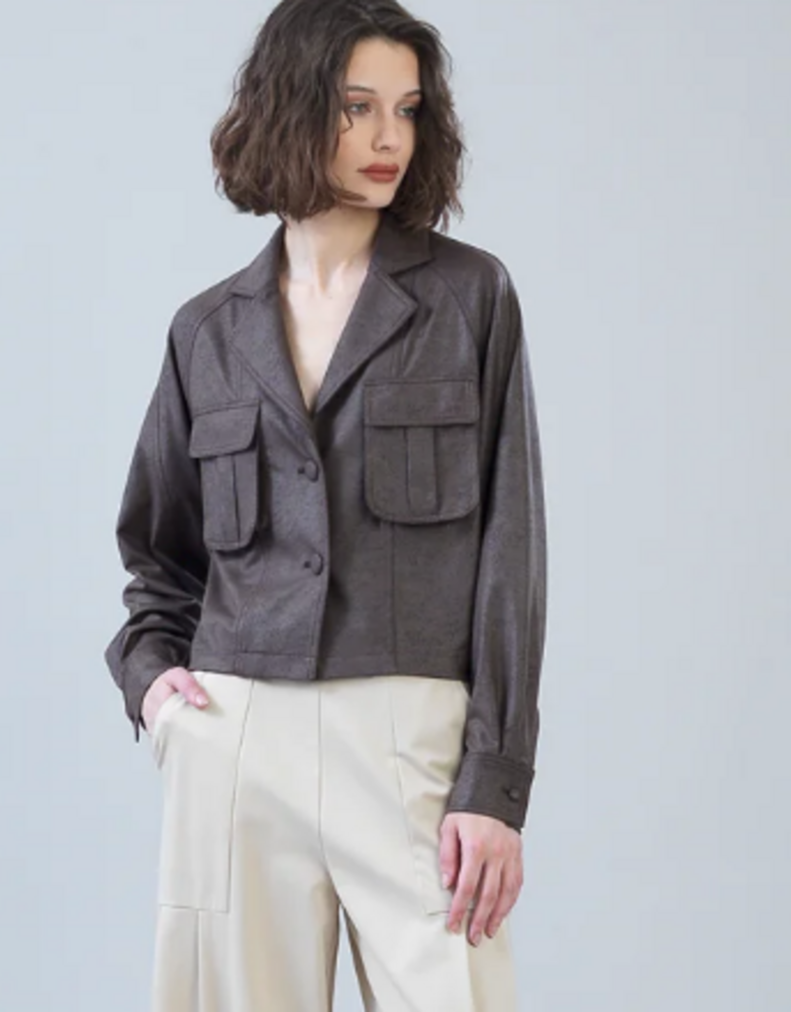 Clara Sun Woo Clara Sun Woo Brown Liquid Leather™ Cropped Cargo Jacket