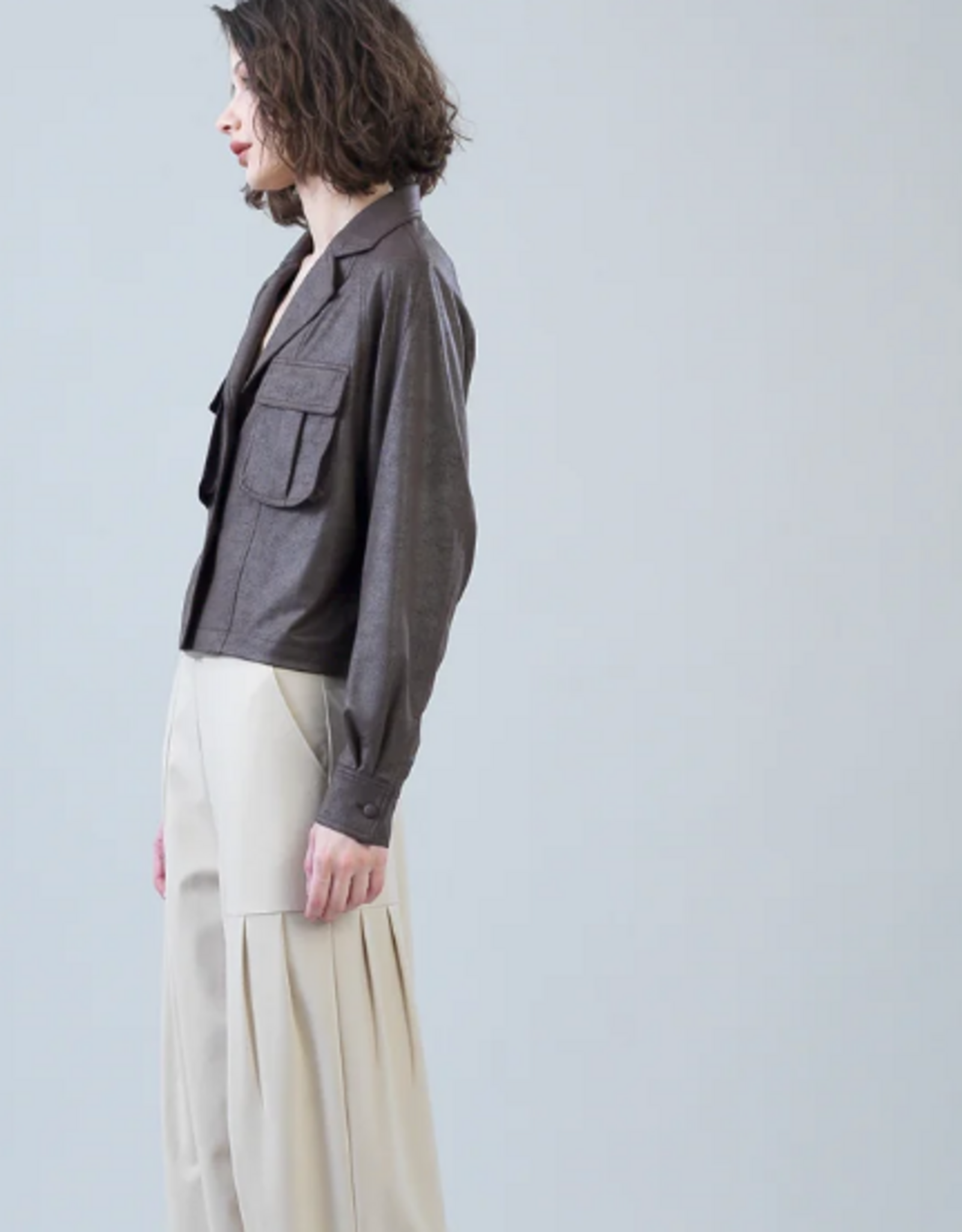 Clara Sun Woo Clara Sun Woo Brown Liquid Leather™ Cropped Cargo Jacket