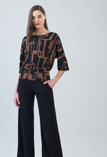 Clara Sun Woo Clara Sun Woo Black/Brown Geo Link Print Banded Hem Elbow Sleeve Top